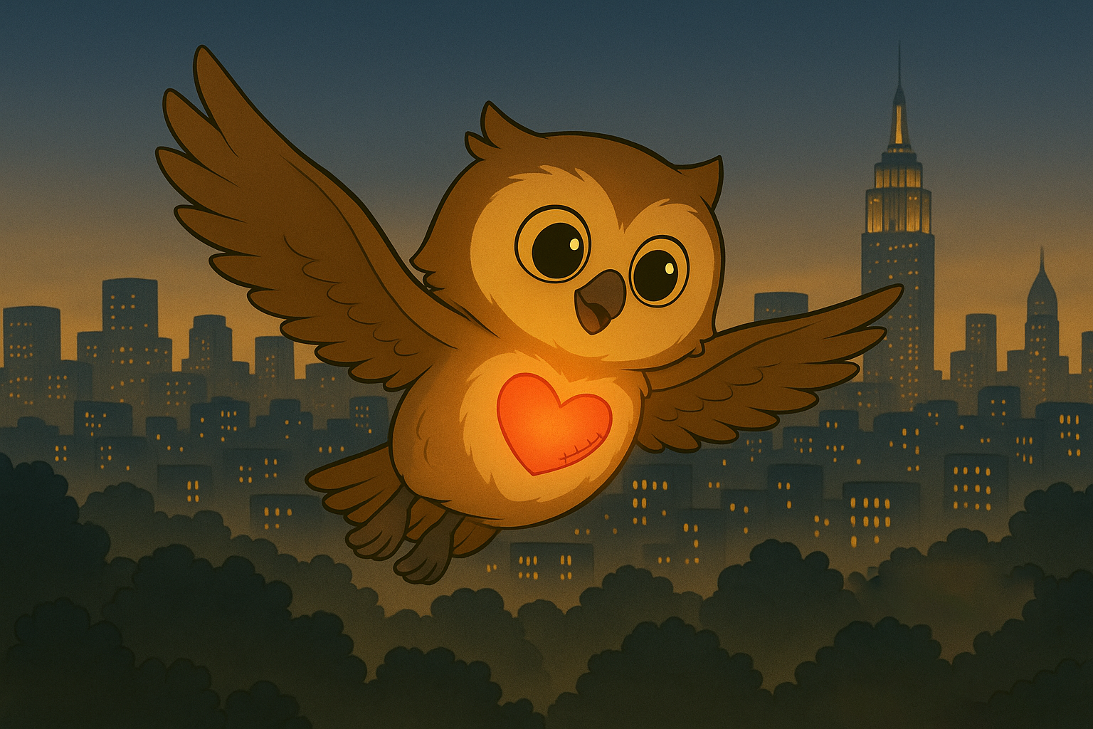 Lil’ Owl flies over the New York City skyline at dusk, her stitched heart glowing
